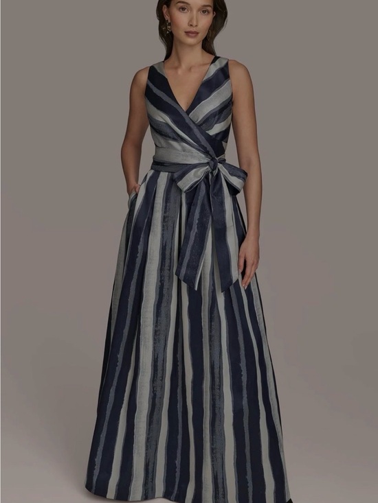 Donna Karan Dresses & Skirts - Donna Karan Navy and Silver/White Striped Wrap Maxi Dress- size 6